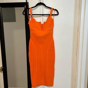 Bright Orange Bandage Stretch Midi Ribbed Dress/ Size L